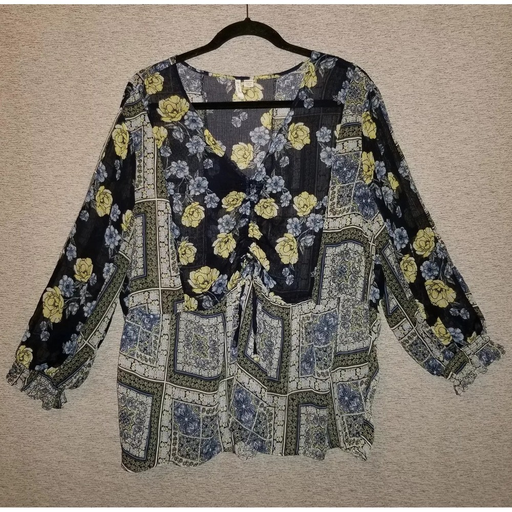 C EST 1946 Chiffon Floral Blouse Blue Front Tie Boho Sheer Top Size 18/20W